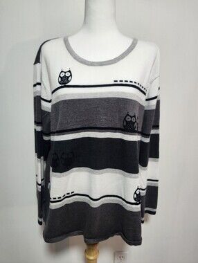 Moffi Gray & White Striped Crewneck Sweater with Owl Motif